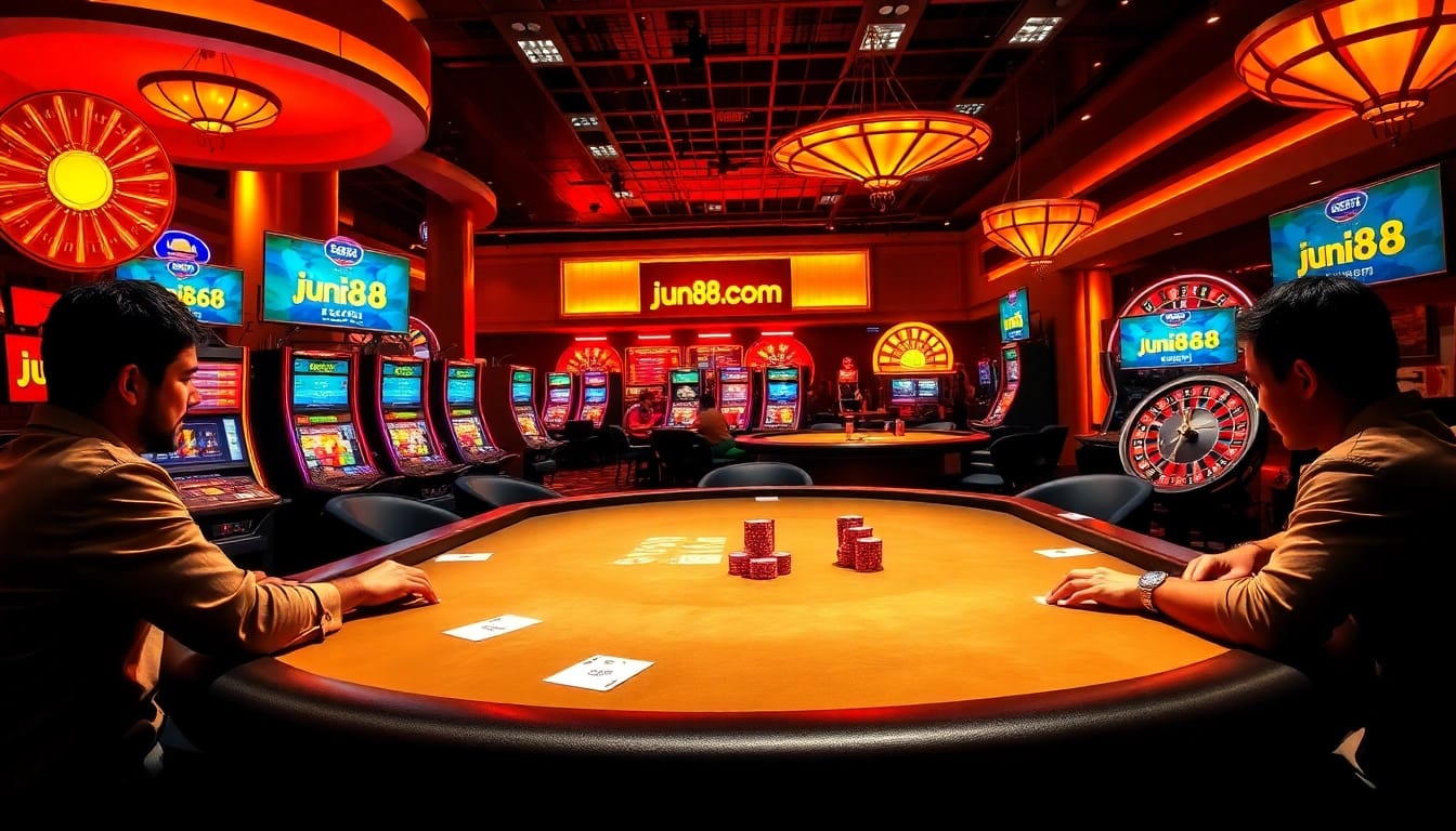 Experience thrilling gameplay at jun88.com with vibrant casino tables, poker chips, and roulette wheels.