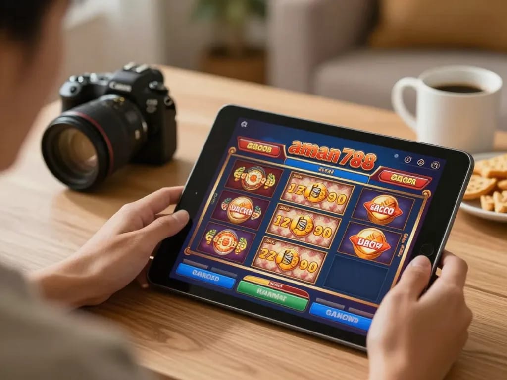 Berkecimpung dengan aman788 slot gacor di tablet dalam suasana nyaman di rumah, menampilkan strategi permainan online