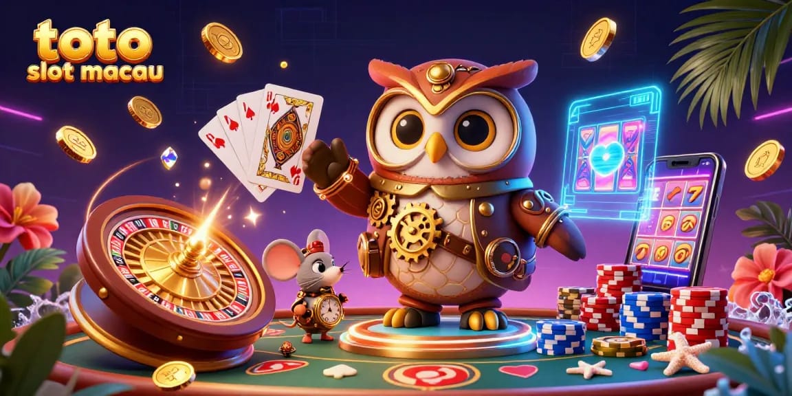 Experience thrilling games at toto slot macau with a vibrant 3D casino illustration showcasing rich character and game elements.