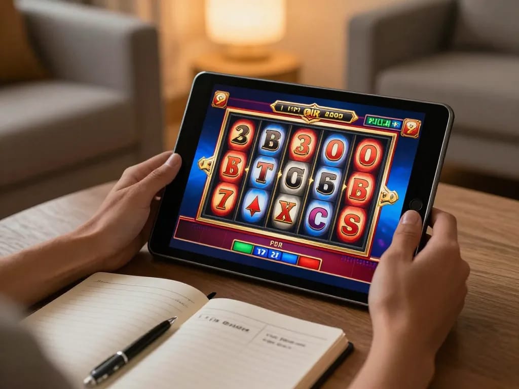 Player enjoying online casino games at home through the 123bmvp platform with vibrant slot visuals.