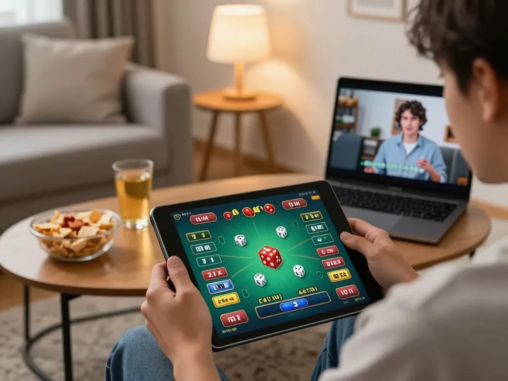 Engaging in tài xỉu online gaming on a tablet in a cozy home setting, showcasing a relaxed yet strategic environment.