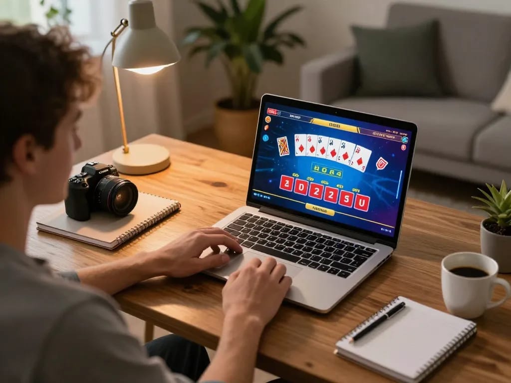 Engaging in a poker game on open88.com from a stylish home desk, enhancing online gambling experience.