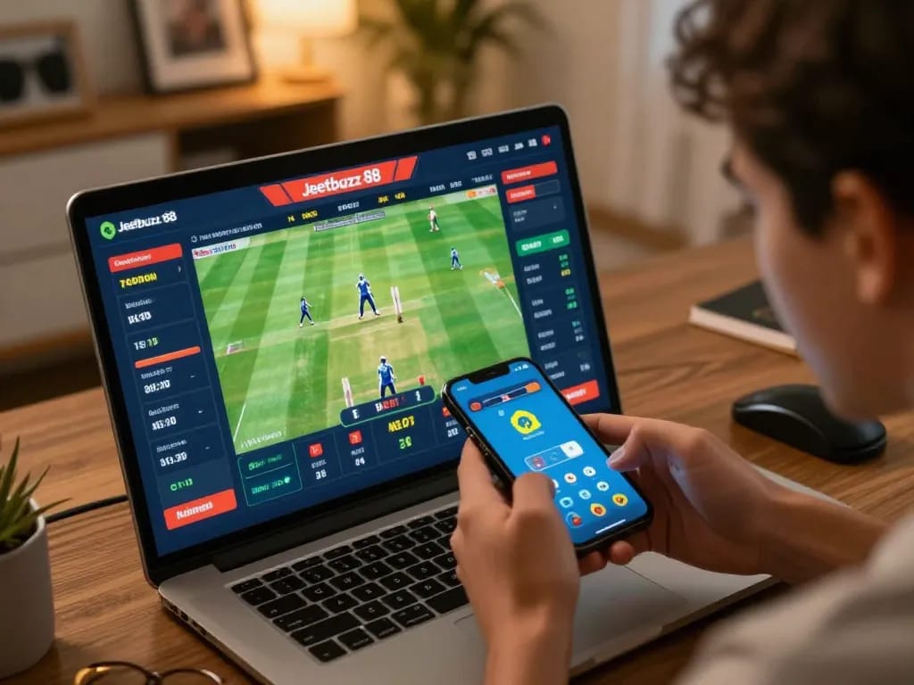 Engaged user placing bets on cricket via Jeetbuzz 88 mobile app, showcasing excitement and interaction.
