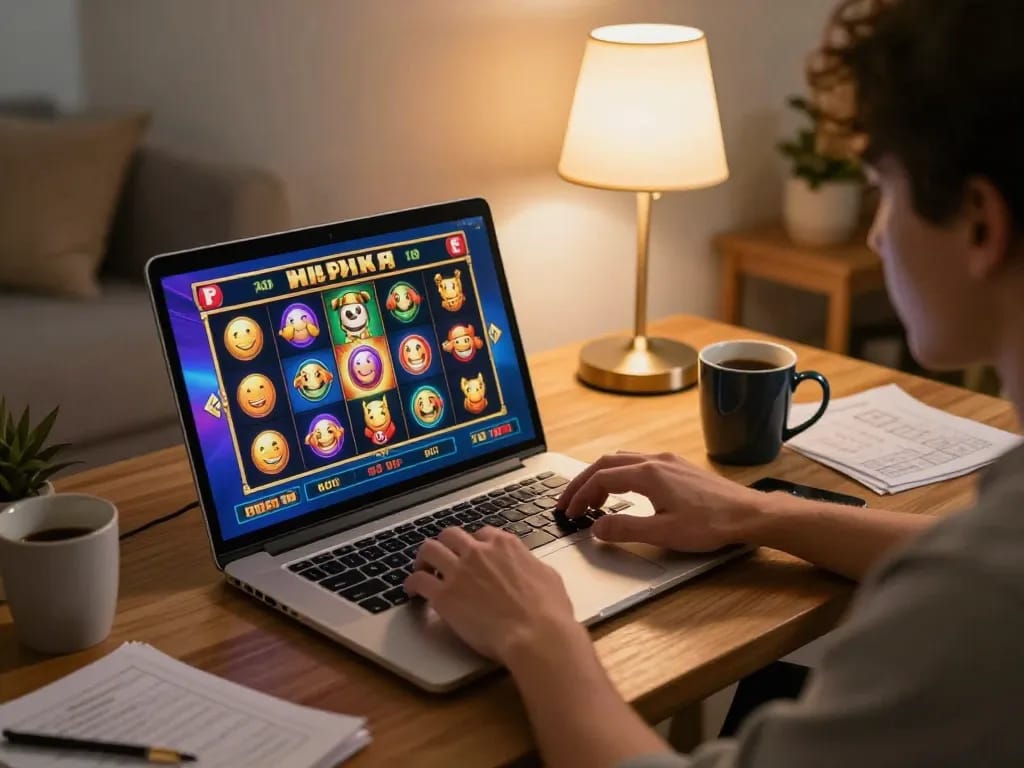 Player immersed in a home gaming session engaging with aman788 slot gacor online, showcasing strategy and excitement.