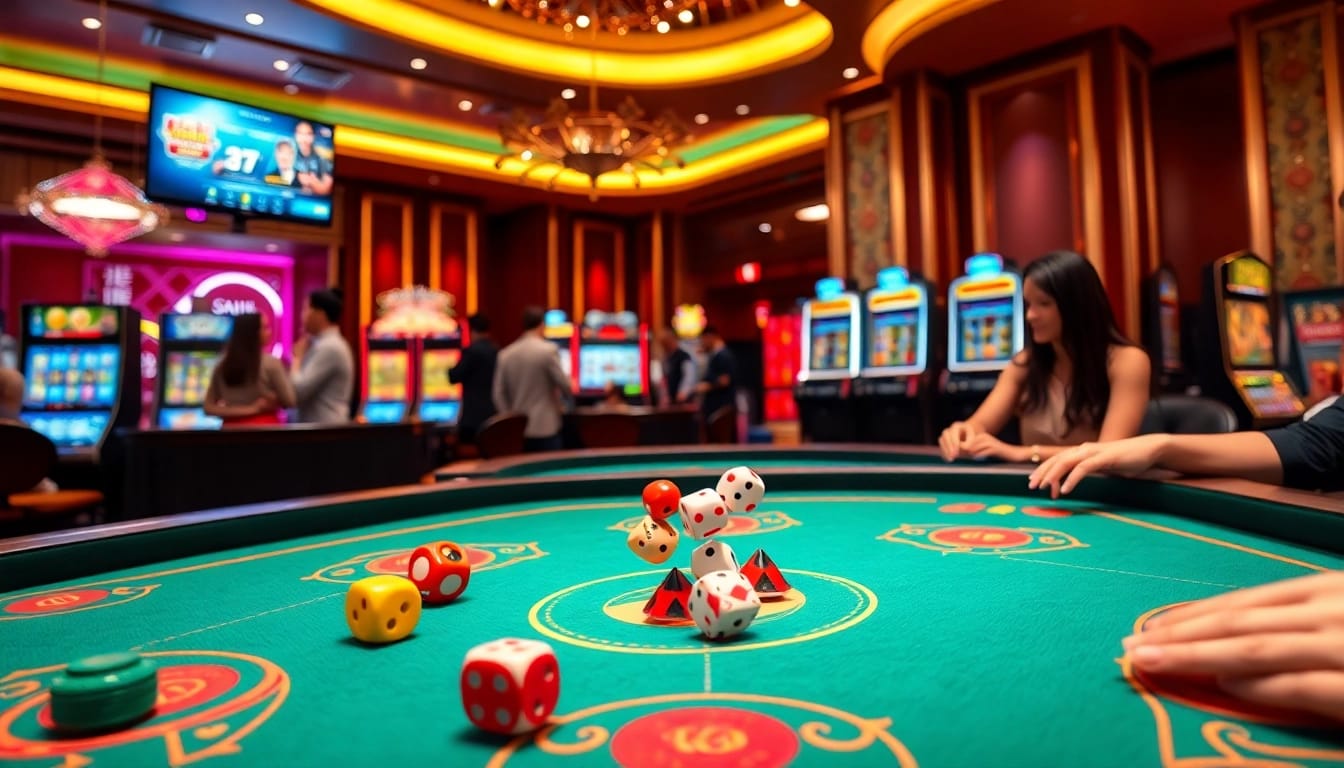 Engage in เล่นไฮโล Evolution Gaming at a luxurious casino table filled with colorful dice.