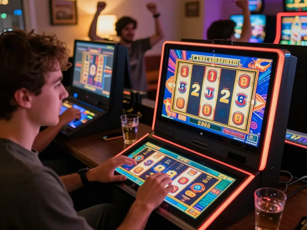 Engaging with situs slot gacor on a tablet in a vibrant online gaming setting