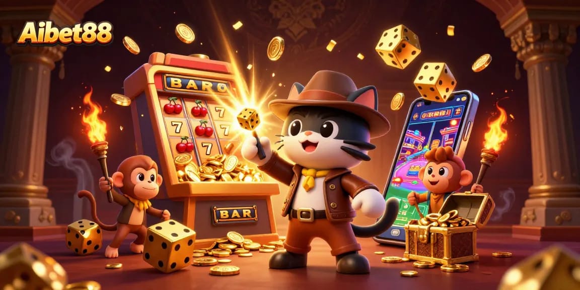 Aibet88 illuminates the excitement of winning with 3D characters exploring a jackpot-filled casino.