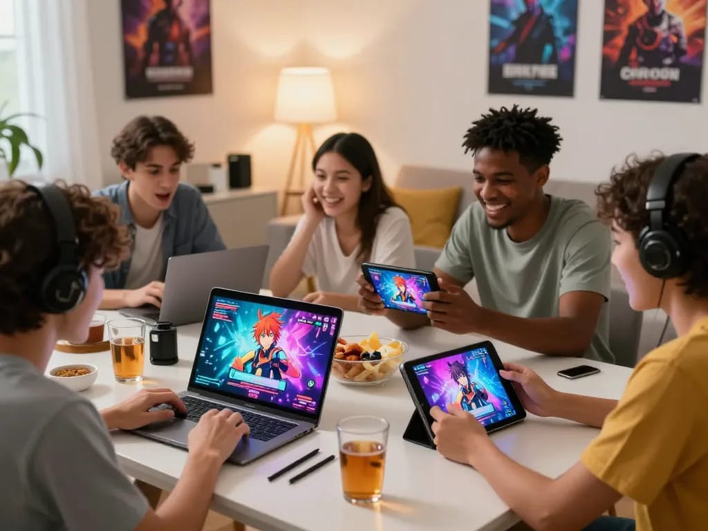 Friends enjoying porngames on various devices in a cozy living room.