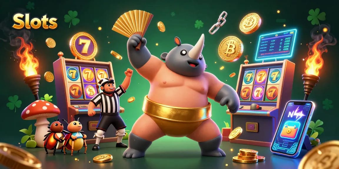 Experience thrilling Slots action with an animated rhinoceros beetle champion and vibrant game elements.