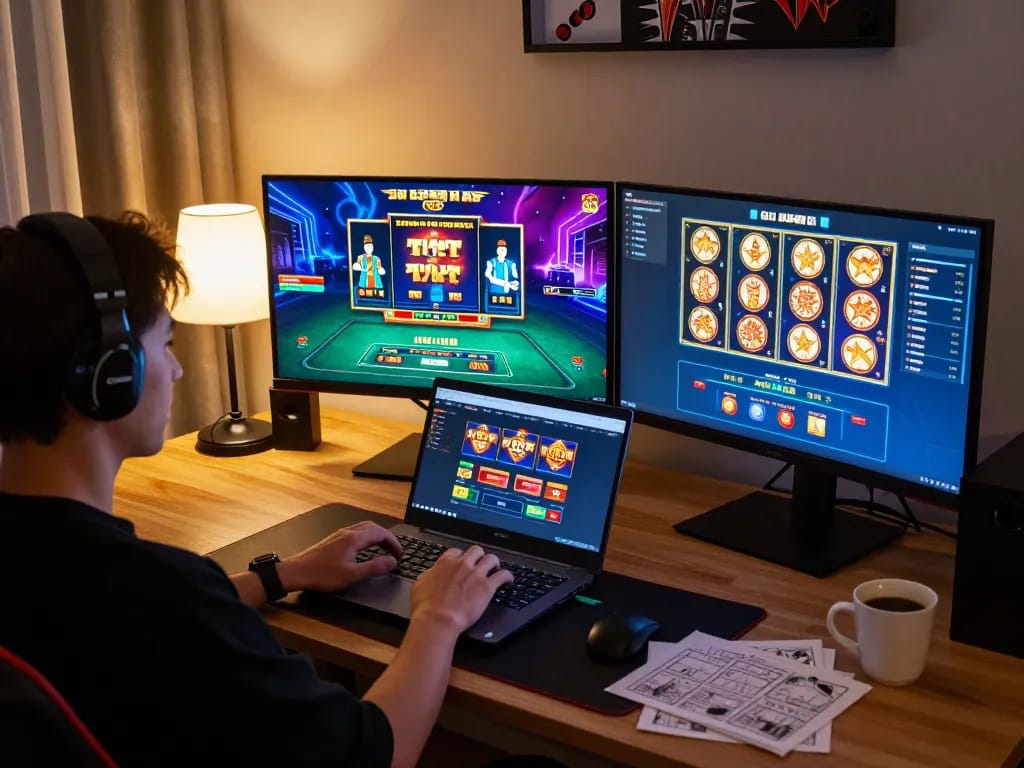 Engaging in online gaming at gi8 with multiple monitors and cozy setup.