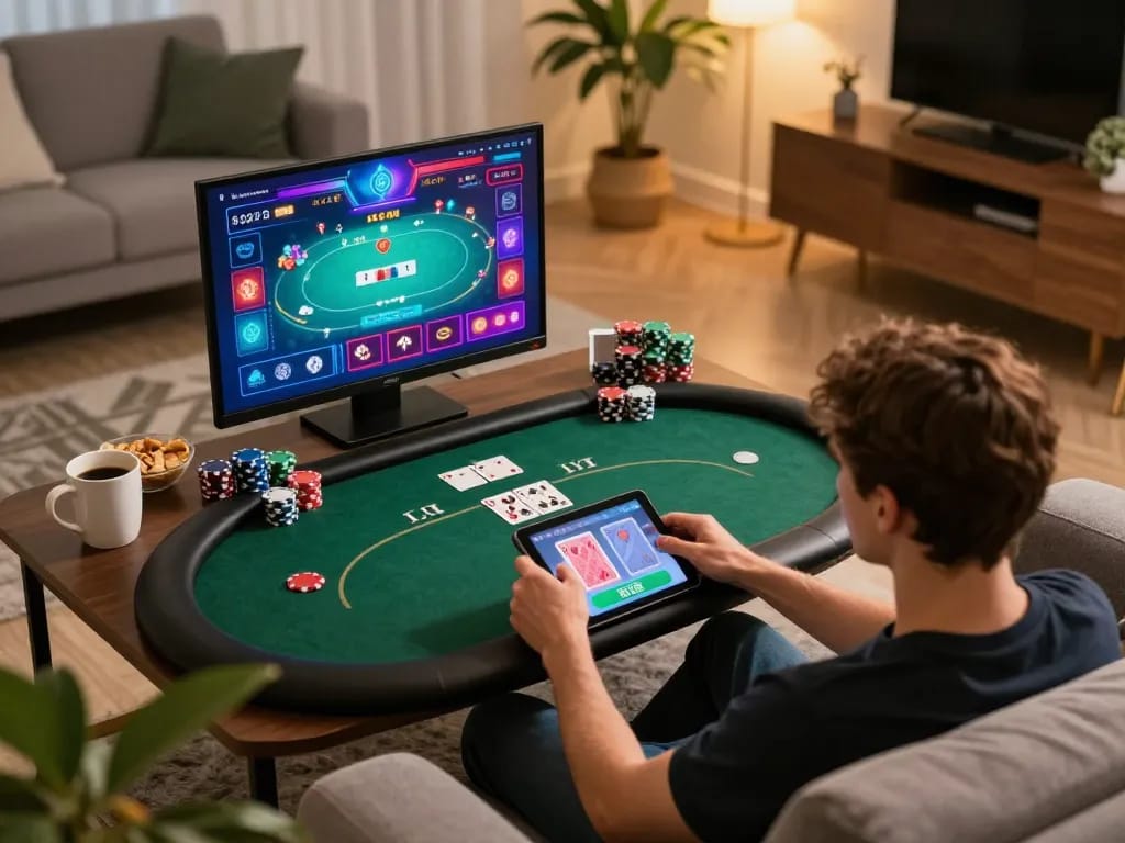 Player enjoying a winning moment at SC88 online poker game from a cozy home setup