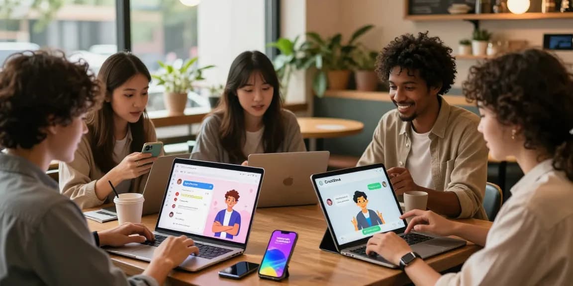 Users engaging with CrushOn AI in a cozy café, showcasing interactive chat experiences.