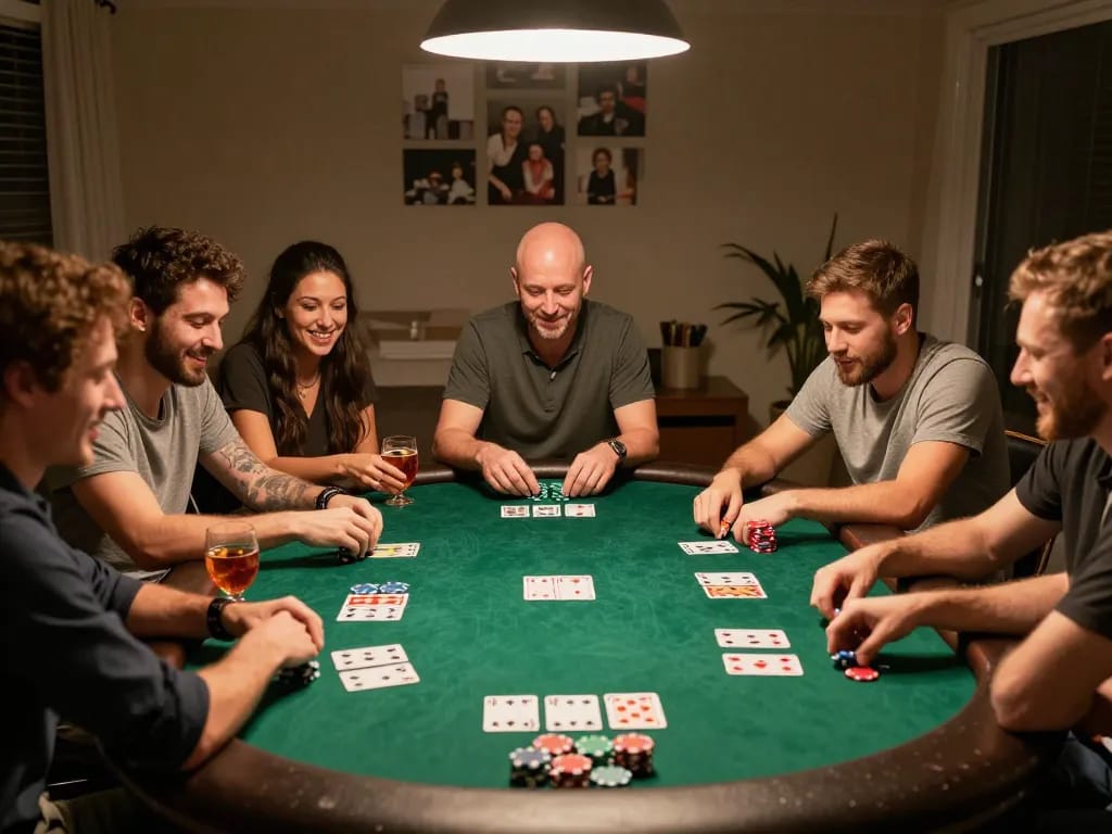 Friends enjoying a poker night at home, showcasing strategic gameplay in a cozy atmosphere featuring 789club activities.