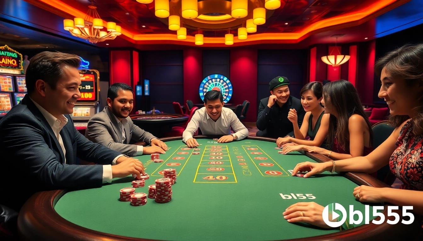 Experience thrilling poker games at nhà cái bl555, showcasing excited players and luxurious casino atmosphere.