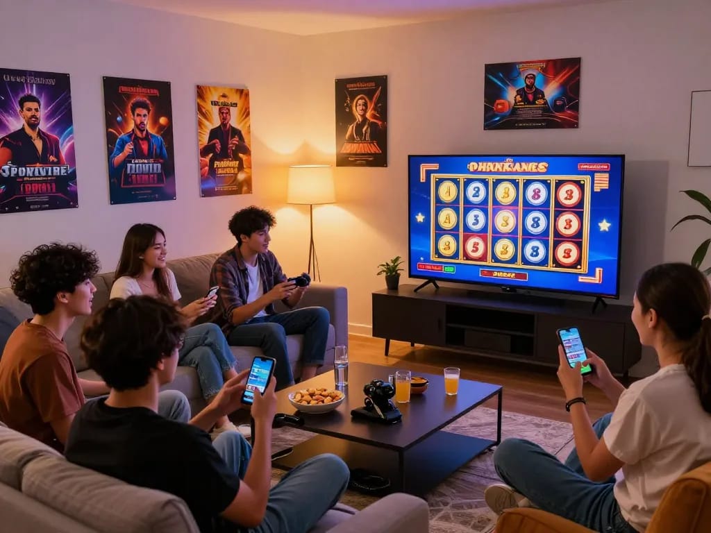 Friends enjoying zeus138 online slot games in a vibrant living room.