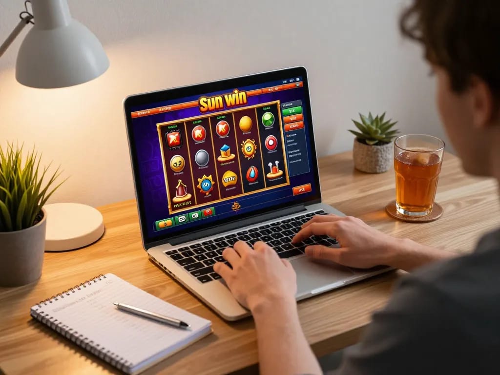 Player exploring the Sun win online platform on a laptop, with a personalized home gaming setup.