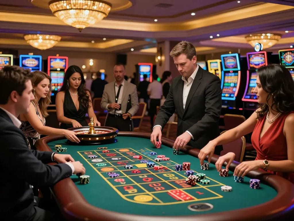 Exciting roulette gameplay at MM88 casino, players engaging with vibrant atmosphere and elegant decor