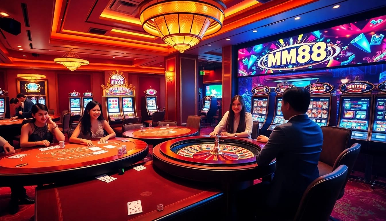 MM88 players enjoying high-stakes gaming at a luxurious casino table with vibrant slot machines.