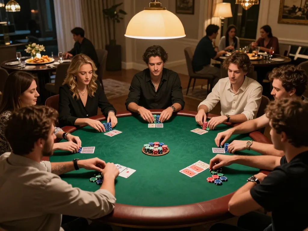 Malam permainan poker situs toto menunjukkan teman-teman terlibat dalam strategi dengan chip yang ditumpuk di sekitar meja.