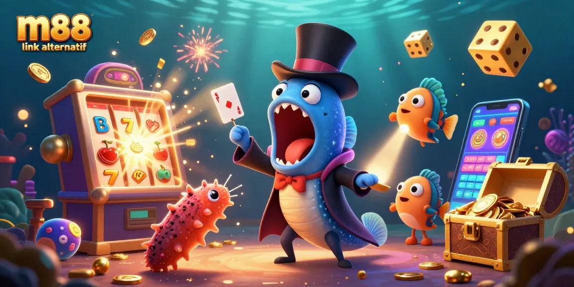 Experience the thrill of M88 link alternatif with vibrant casino elements captivating the underwater scene.