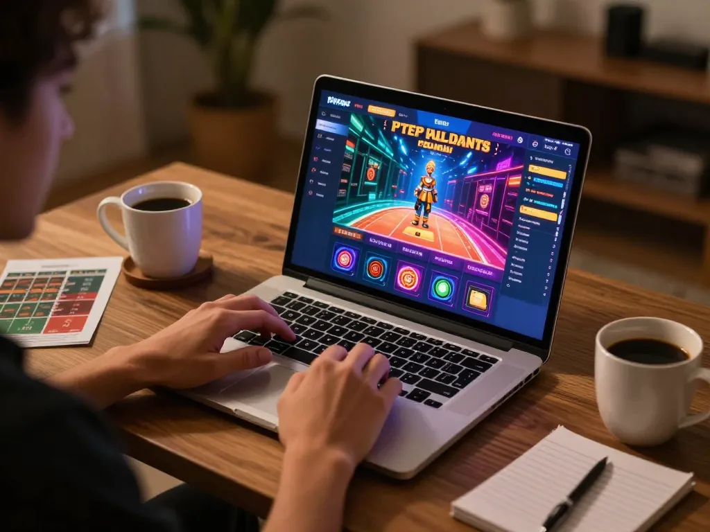 Player enjoying online casino gaming on laptop with tr88vina interface in a cozy home setting