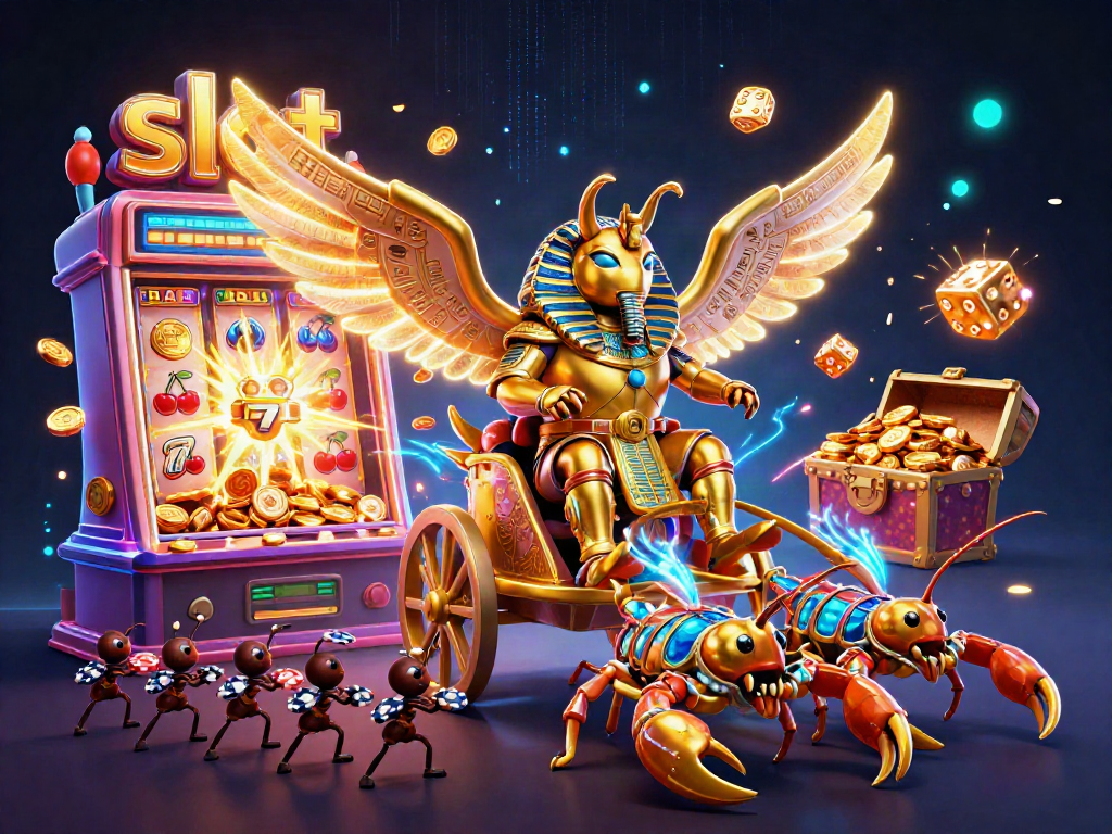 Slot kaya jackpot dengan simbol berwarna-warni dan karakter lucu dalam ilustrasi digital 3D.
