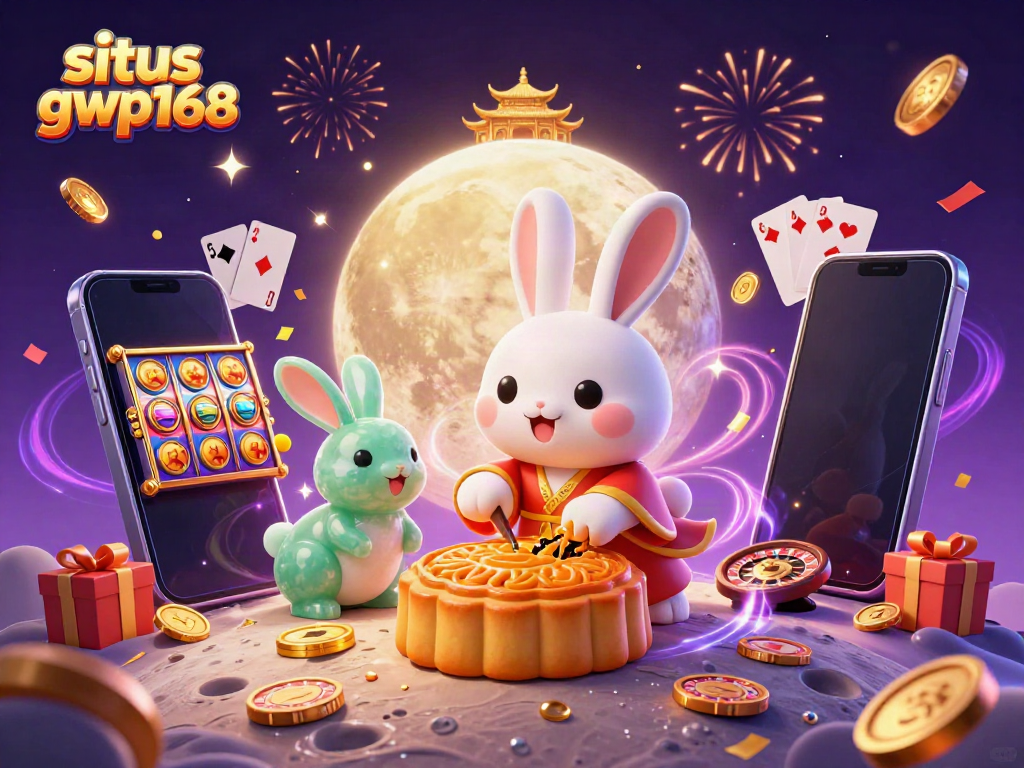 Putaran dan kemenangan dengan situs gwp168, menampilkan kelinci bulan, chip poker dan elemen permainan kasino lainnya.