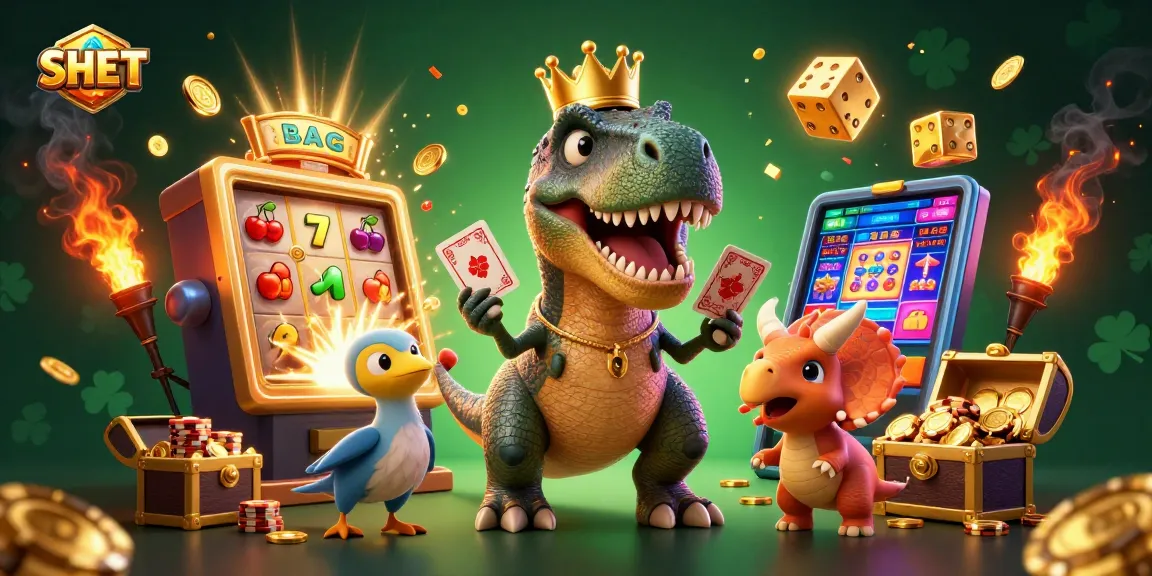 Join the fun at SH BET with 3D characters in a vibrant casino scene, featuring a T-Rex, pterodactyl, and baby triceratops.