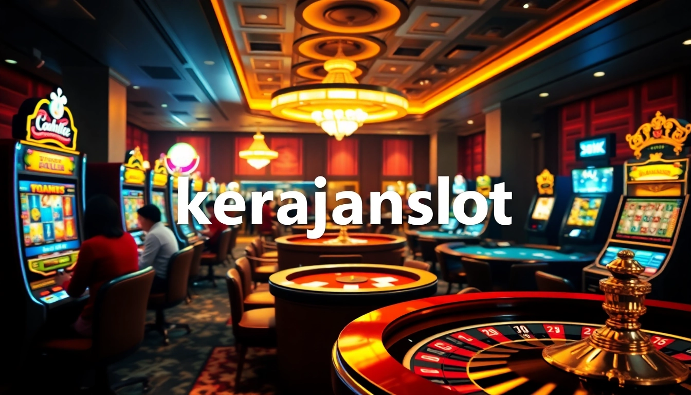 Players enjoying kerajaanslot at a luxurious casino filled with vibrant slot machines and tables.