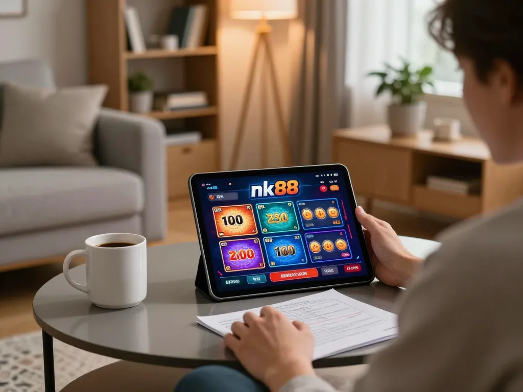 Person using nk88 casino app on tablet at home, illustrating online gambling strategy