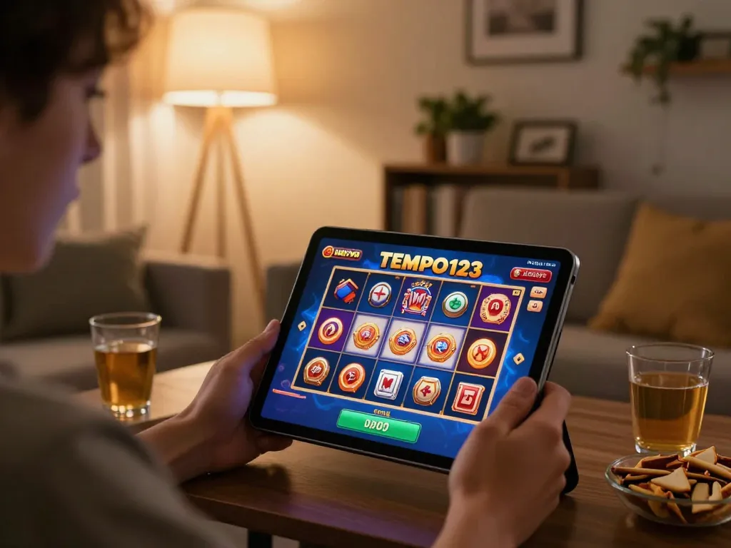 Engaging in Tempo123 Slot gameplay on a tablet in a cozy living room setting.