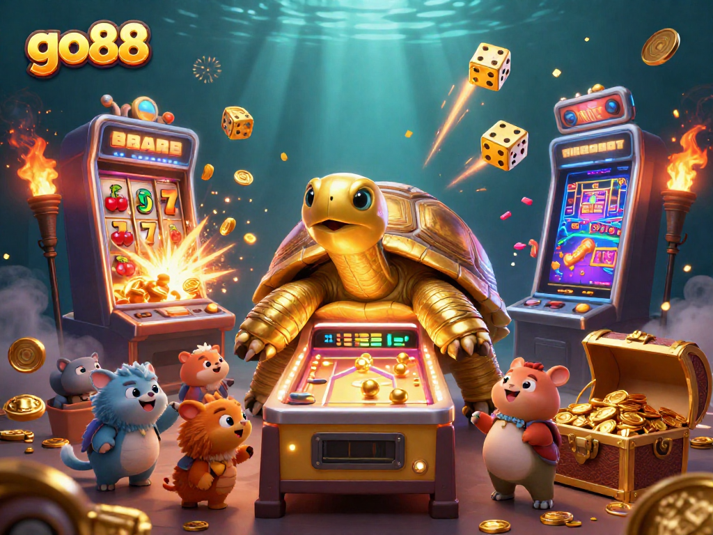 Engage with the go88 experience featuring a charismatic tortoise and thrilling slot machine action.
