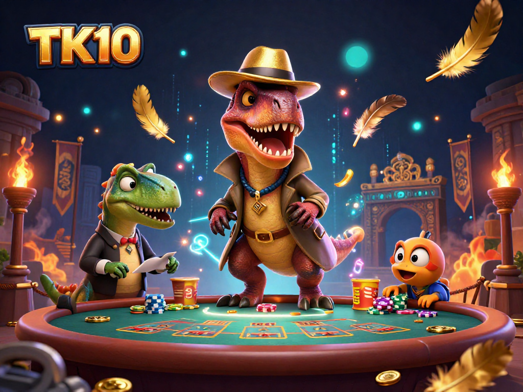 Experience thrilling gameplay at TK10 with a velociraptor card counter and stegosaurus pit boss in a casino scene.