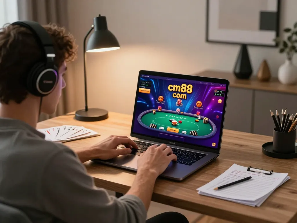 Engaging with cm88 com's online poker game in a cozy home environment.