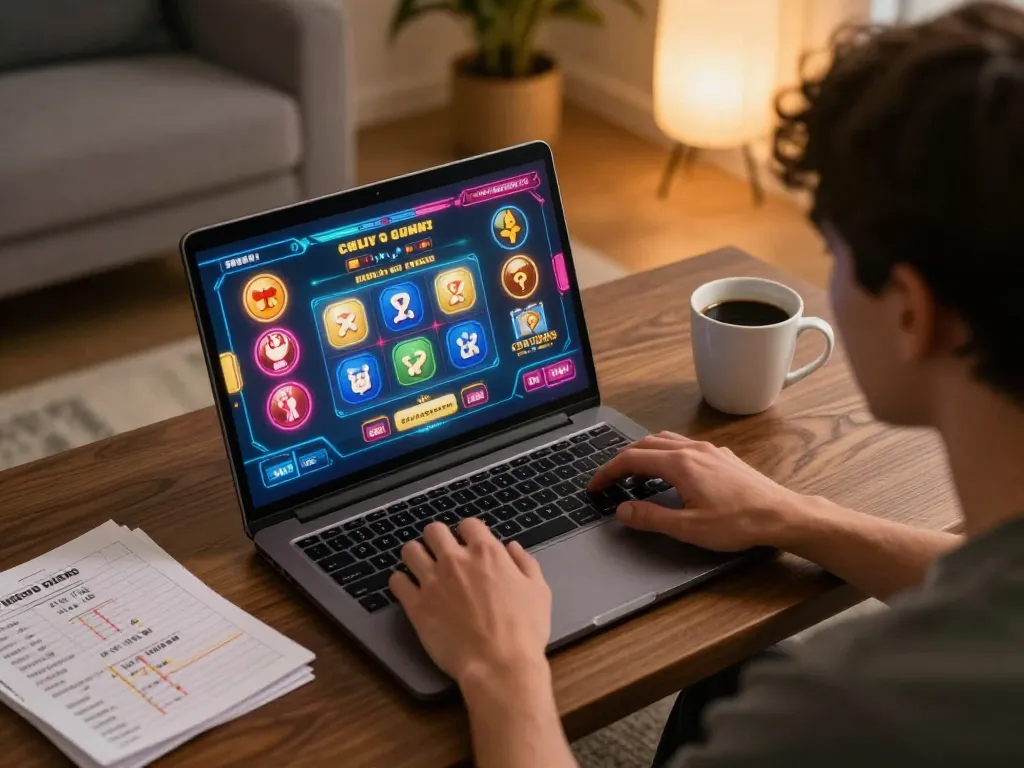 The person engages in online gambling at https://goal123.ac/ with a laptop displaying a vibrant casino game and strategic notes nearby.