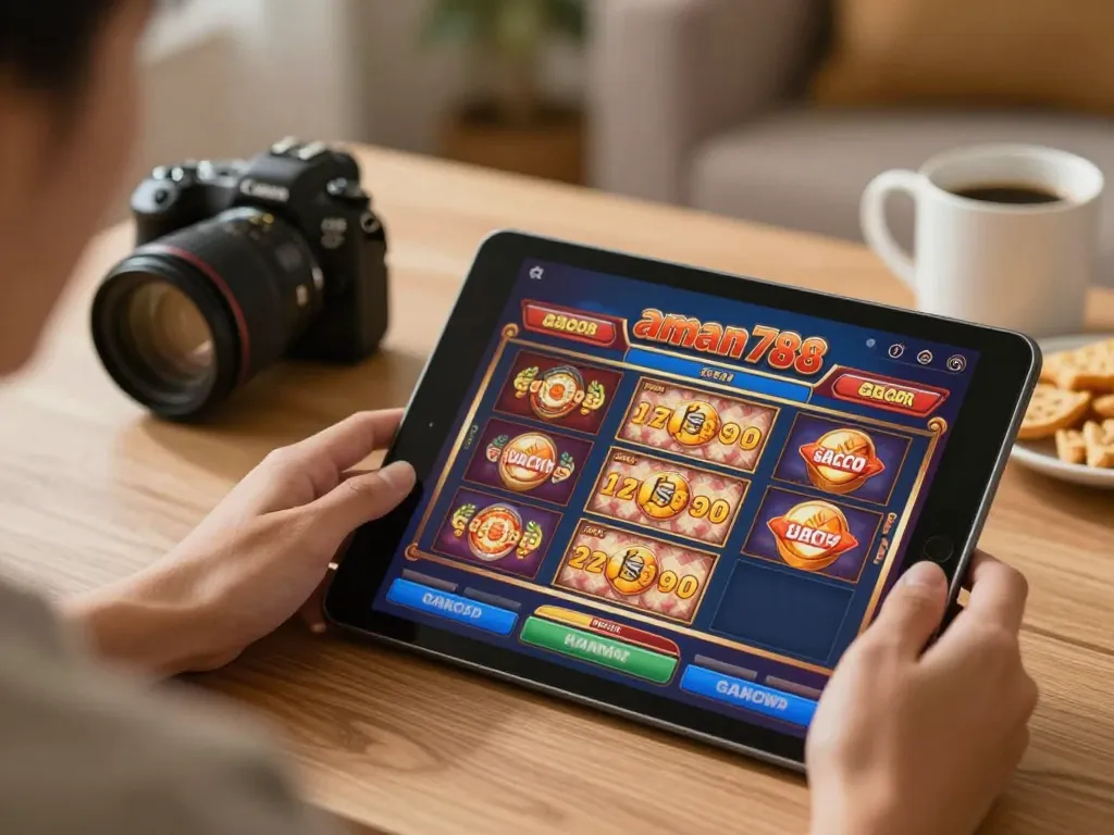 Berkecimpung dengan aman788 slot gacor di tablet dalam suasana nyaman di rumah, menampilkan strategi permainan online
