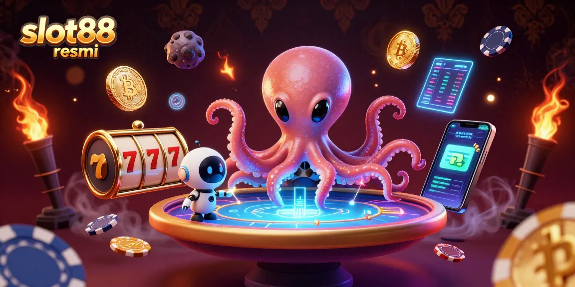 Engage at slot88 resmi with a dynamic alien octopus and floating poker elements.