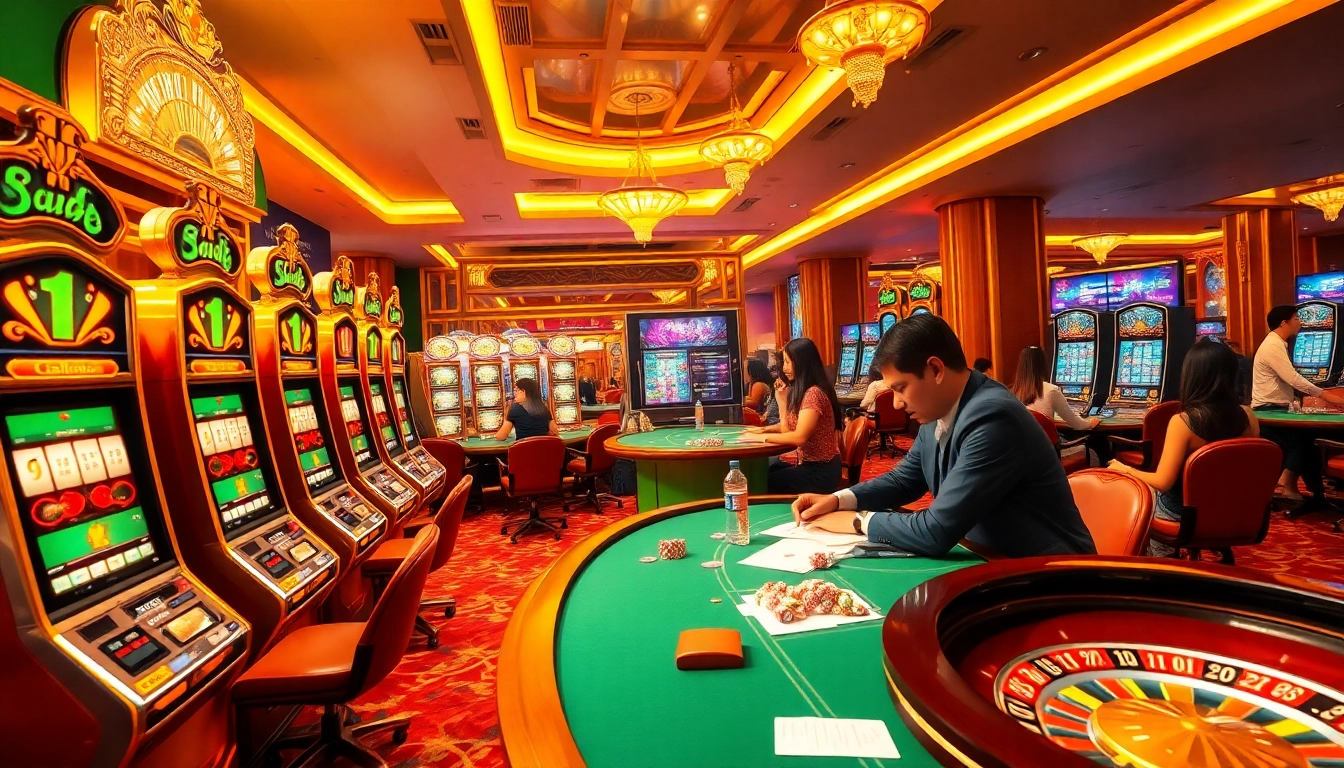 Experience the thrill of QQMacan with vibrant slot machines and engaging gameplay on a luxurious casino floor.