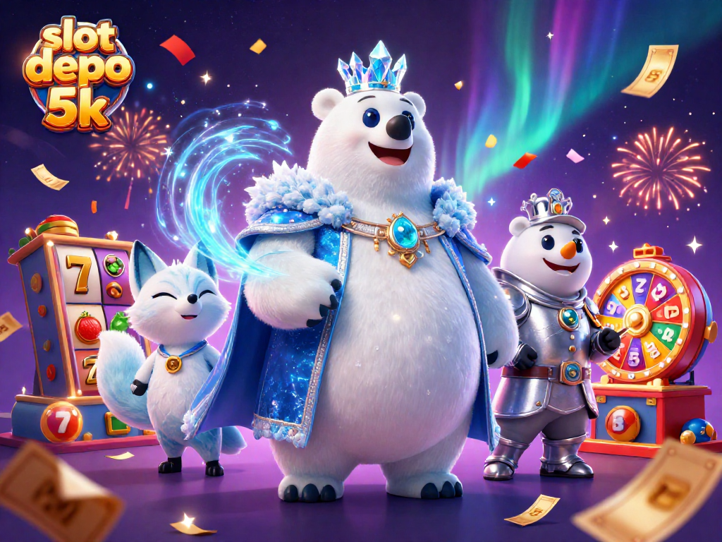 Experience the thrill at slot depo 5k with a 3D scene featuring unique game elements and colorful jackpots.
