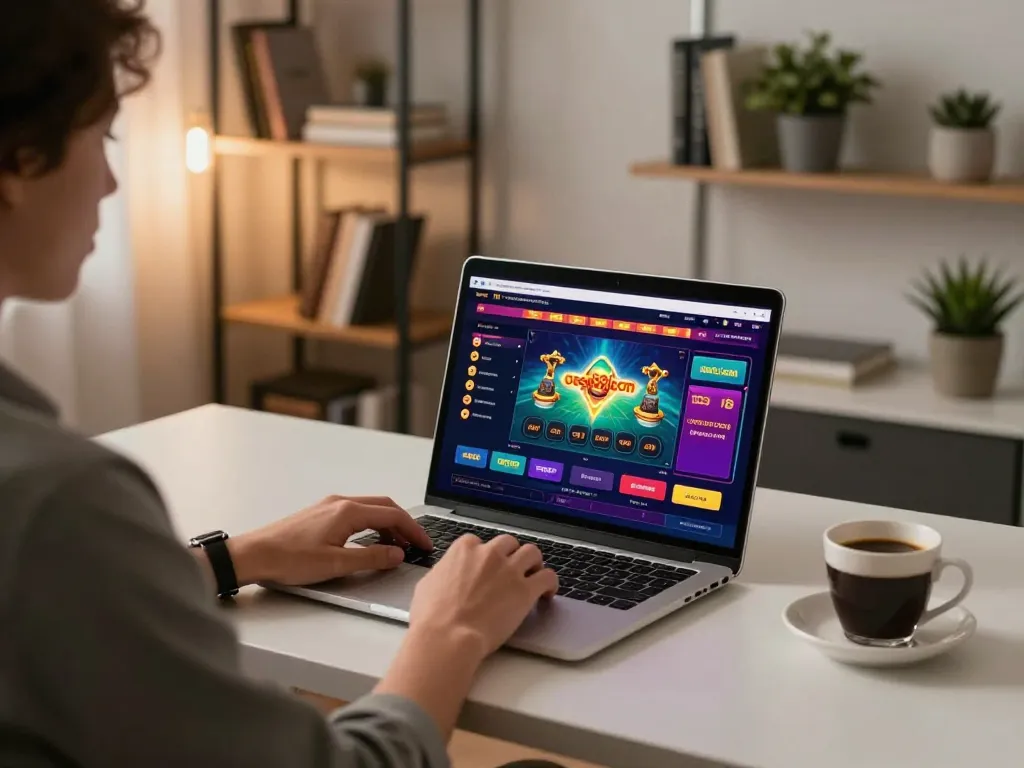 Player engaging in online casino gaming on open88.com at home, showcasing a laptop, coffee, and cozy workspace.