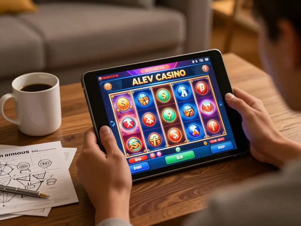 Alev Casino giris in action on a tablet, showcasing vibrant slot gameplay at home.