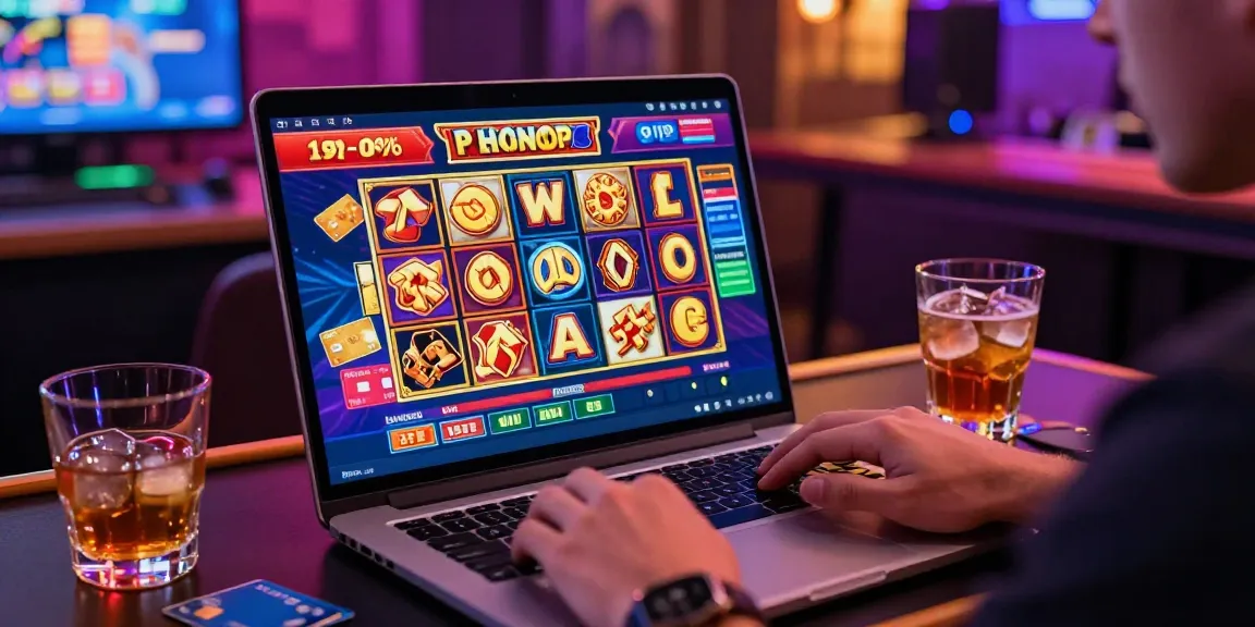 Engaging scene of a player at credit card casinos exploring digital games with vibrant graphics and drinks.