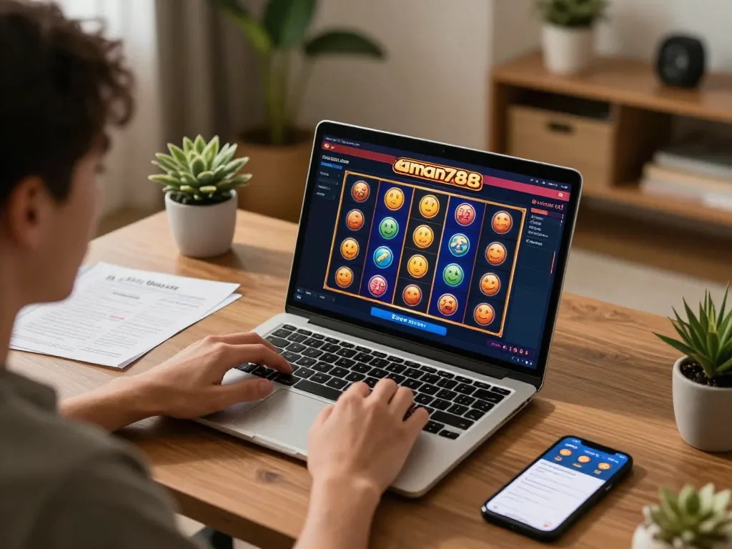 Orang yang merencanakan taruhan mereka di aman788 slot gacor selama sesi permainan online yang mengasyikkan.
