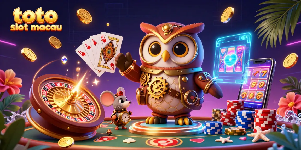 Experience thrilling games at toto slot macau with a vibrant 3D casino illustration showcasing rich character and game elements.