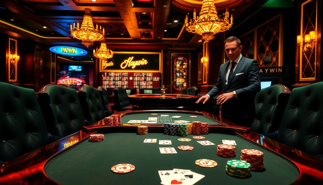 Engaging high-stakes poker scene featuring haywin-themed casino elements and vibrant colors.
