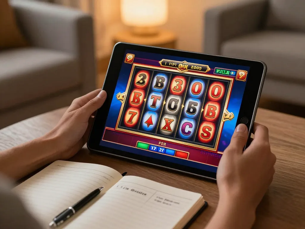 Player enjoying online casino games at home through the 123bmvp platform with vibrant slot visuals.