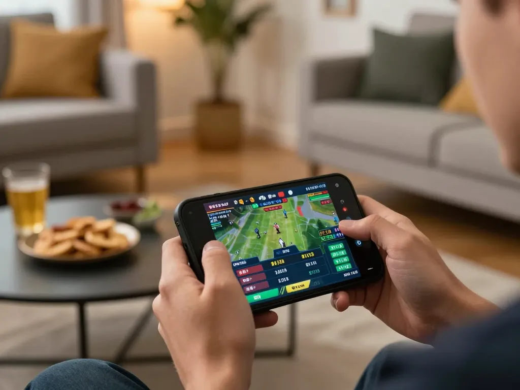 Player engaging in live betting using Lucky88 on a smartphone at home, focused atmosphere with snacks