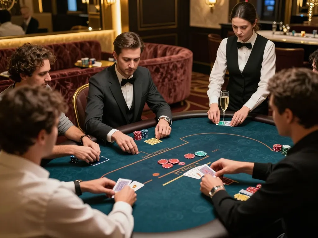 Intense poker game with high-stakes players at 388bet's VIP table, elegant atmosphere and excited gameplay.