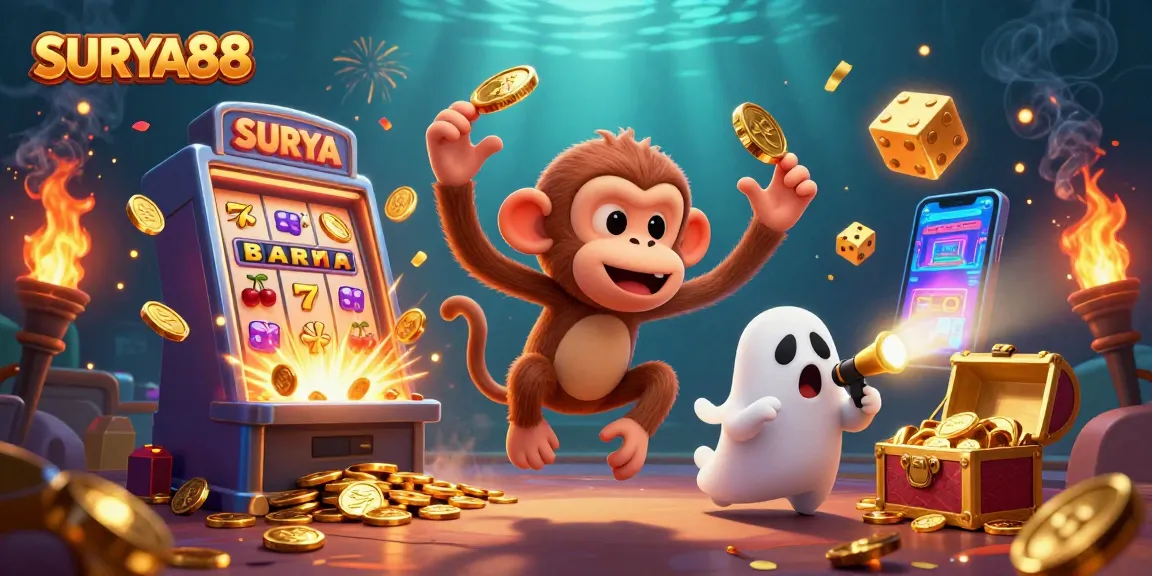 SURYA88 brings excitement as a mischievous poltergeist monkey juggles casino treasures in a vibrant setting.
