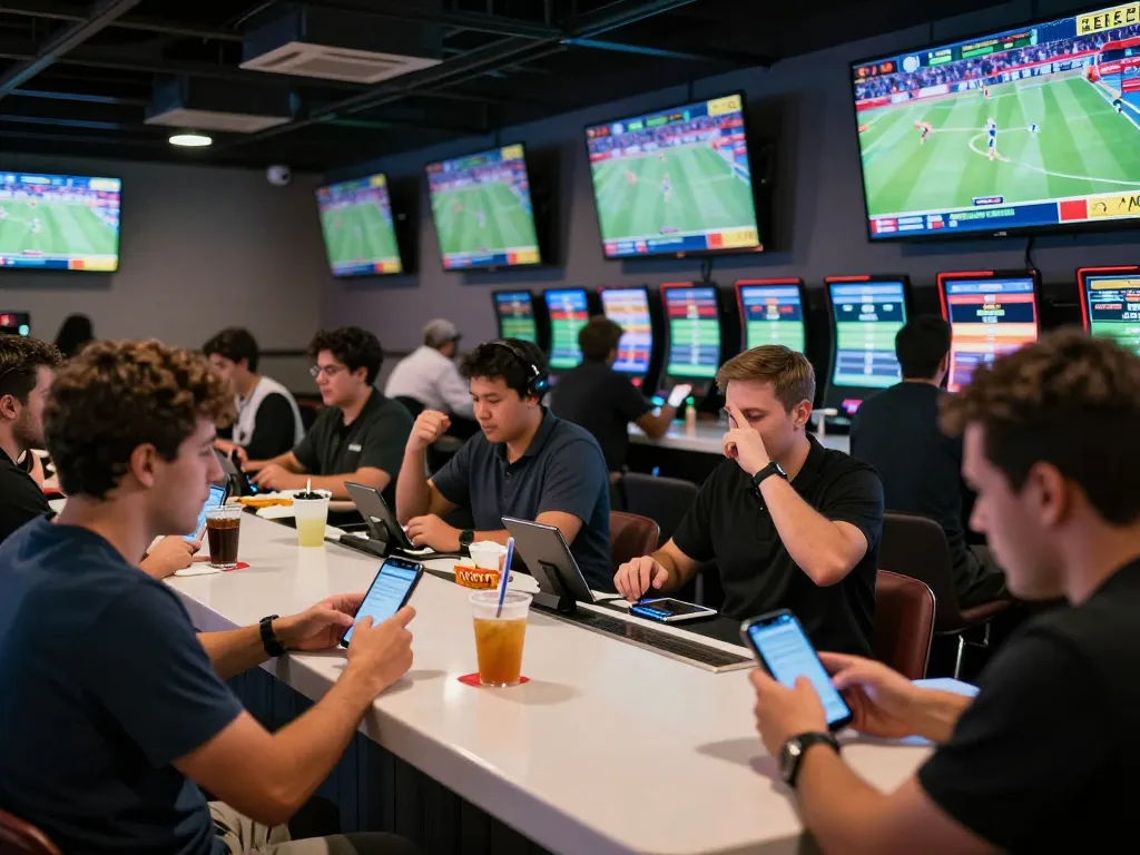 Engaging moment of fans placing bets on sports events, showcasing tin soi kèo excitement in a lively betting lounge.